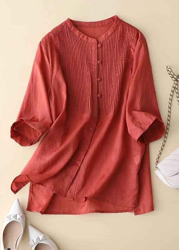 Mesh ShirtsBohemian Red Wrinkled Patchwork Linen Shirt Tops Bracelet Sleeve