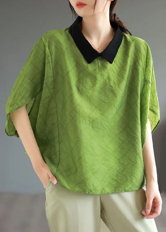 Running ShirtsBoutique Green Peter Pan Collar Patchwork Cotton T Shirt Tops Batwing Sleeve