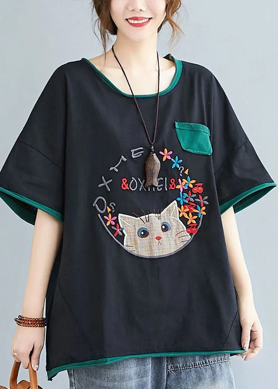 Asymmetrical ShirtsCasual Black Cats Embroidered Patchwork Cotton Shirt Tops Summer