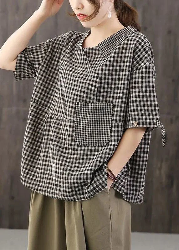 Peplum ShirtsCasual Black Plaid Pockets Patchwork Cotton T Shirt Top Summer