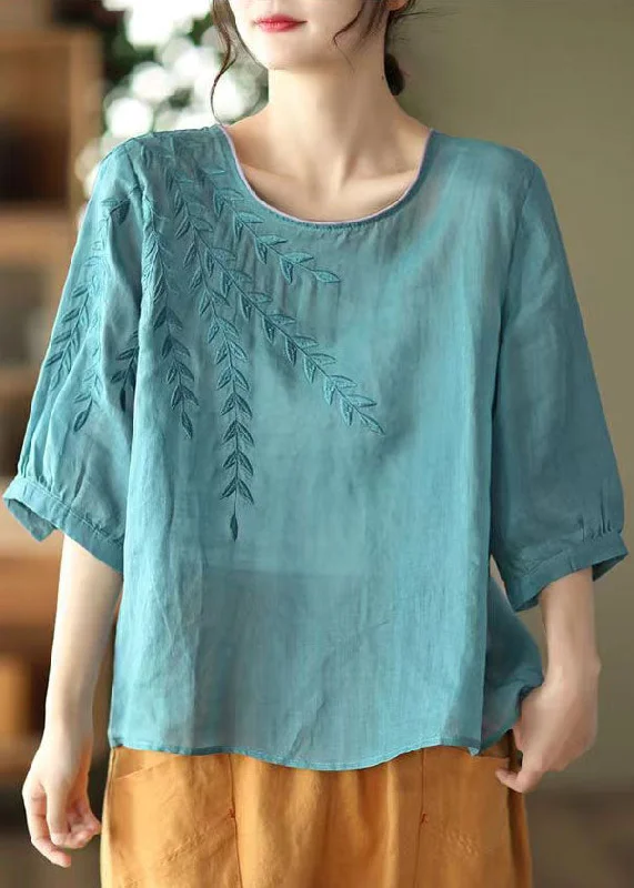 Hunting ShirtsCasual Blue Embroideried Patchwork Cotton T Shirt Half Sleever