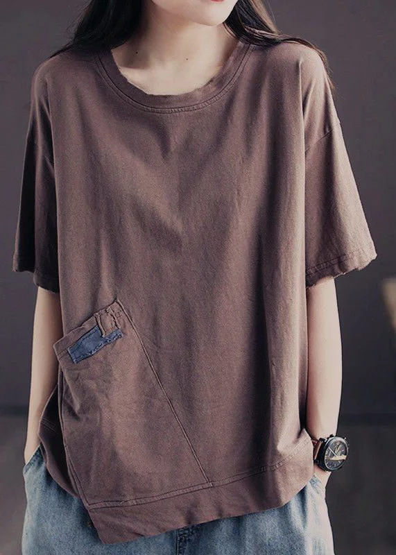 Longline ShirtsCasual Coffee O Neck Pockets Patchwork Cotton T Shirt Tops Summer