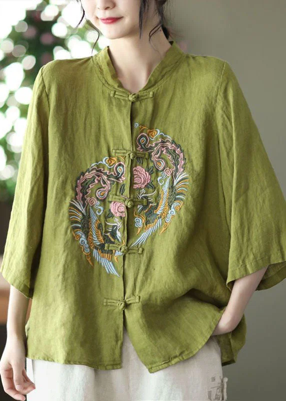 Ruffled ShirtsChinese Style Green Embroideried Button Patchwork Cotton Shirt Tops Summer