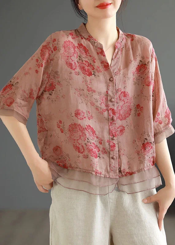 Streetwear ShirtsClassy Pink Print Button Patchwork Linen Shirts Top Summer