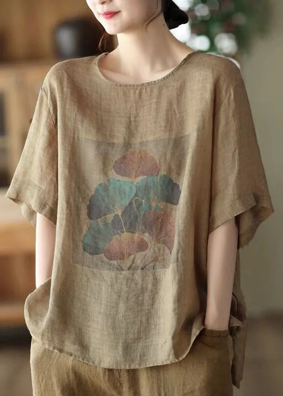 Casual ShirtsDIY Coffee O Neck Print Patchwork Linen T Shirt Summer