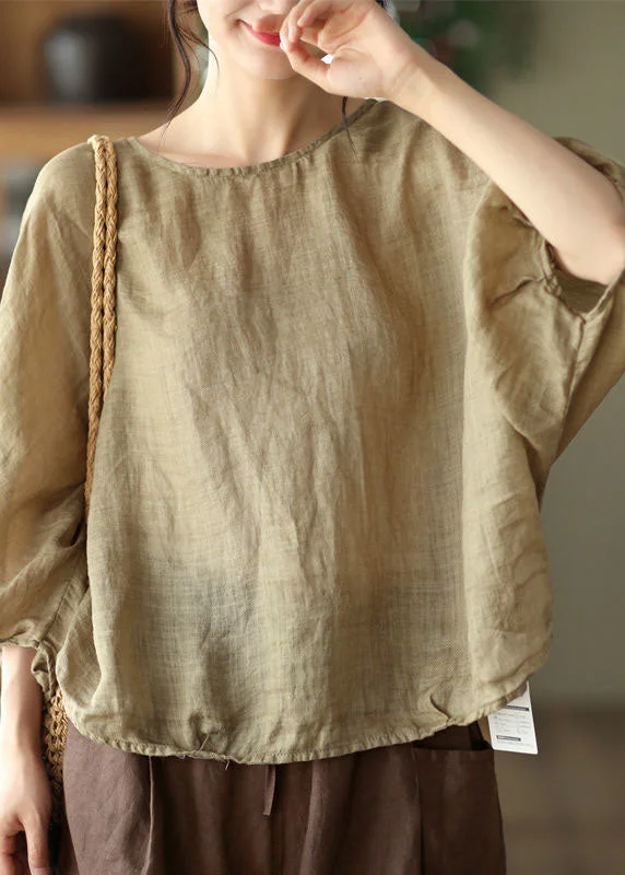 Casual ShirtsDIY Khaki O Neck Patchwork Cotton T Shirts Top Batwing Sleeve