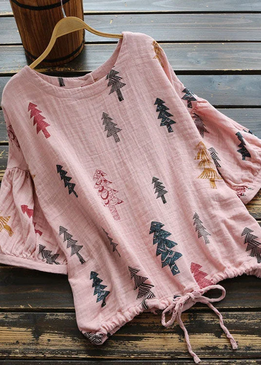 Hiking ShirtsDIY Pink O Neck Print Cinched Patchwork Cotton Shirt Top Summer