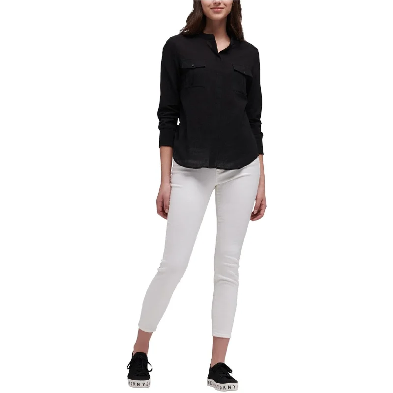 UV-Protection ShirtsDKNY Womens Solid Button Up Shirt, Black, X-Small