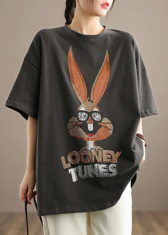 Layered ShirtsElegant Gray Rabbit Pattern Clothes For Women O neck Half Sleeve Loose Spring Shirts