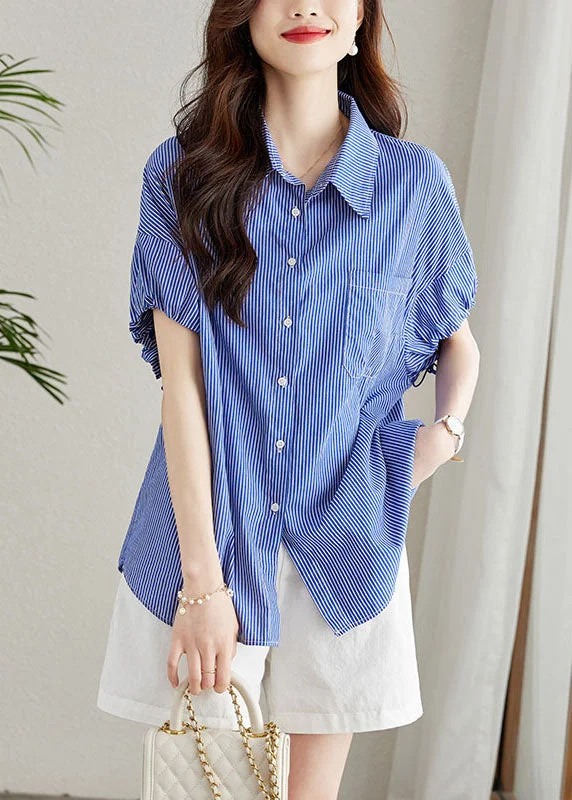 Quick-Dry ShirtsFine Blue Peter Pan Collar Striped Button Patchwork Cotton Shirt Summer