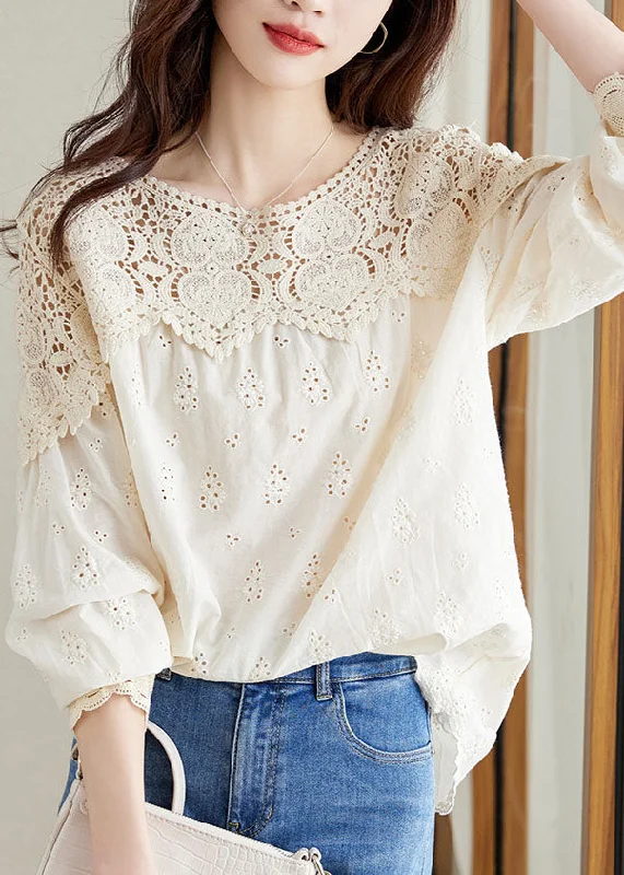 Logo ShirtsFrench Apricot Hollow Out Lace Patchwork Cotton Shirts Top Spring