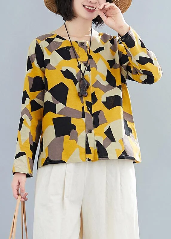 Metallic ShirtsFrench O Neck Button Down Shirts Inspiration Yellow Geometric Top