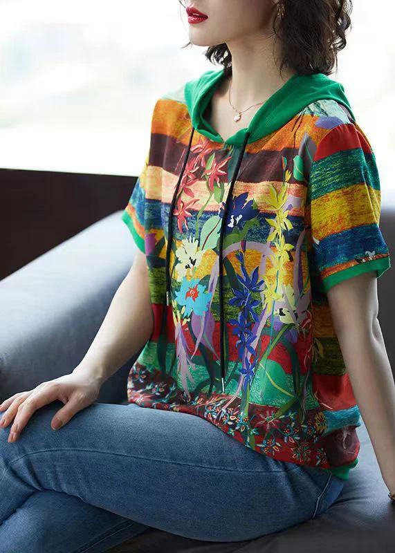 Urban ShirtsGreen Print Patchwork Chiffon T Shirt Top Hooded Summer