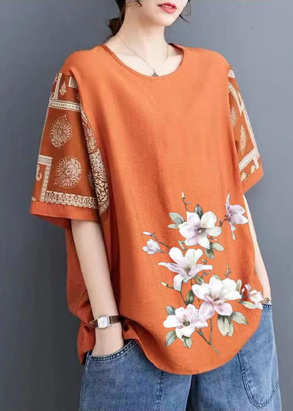 Fitted ShirtsHandmade Orange O Neck Print Patchwork Linen T Shirts Half Sleeve