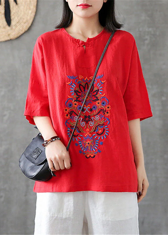 Tunic ShirtsHandmade Red Embroideried Patchwork Linen T Shirt Summer