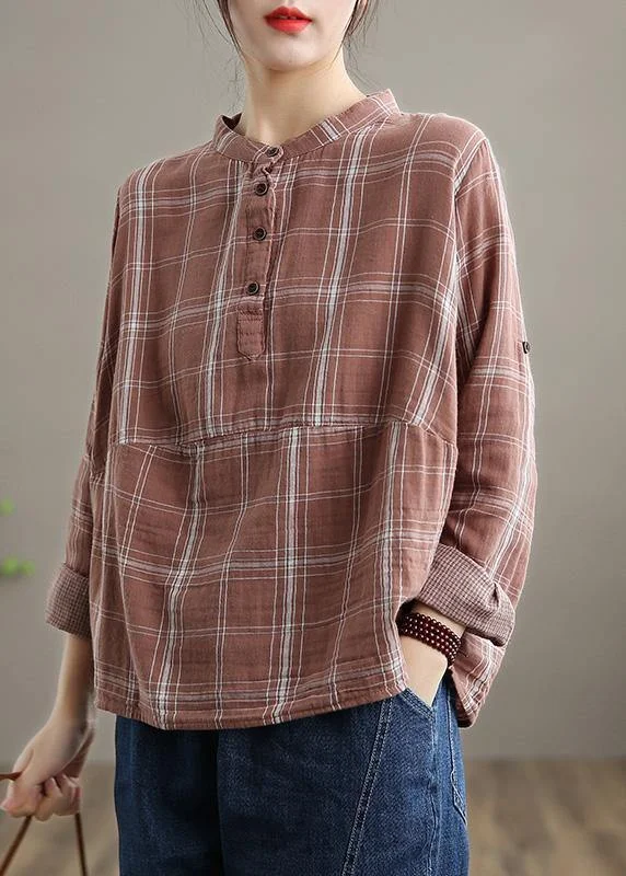 Graphic ShirtsHandmade Stand Collar Spring Tops Women Outfits Pink Plaid Shirts