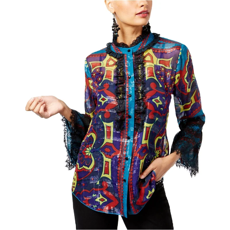 Fringed ShirtsI-N-C Womens Silk Ruffled Button Up Shirt, Multicoloured, Small