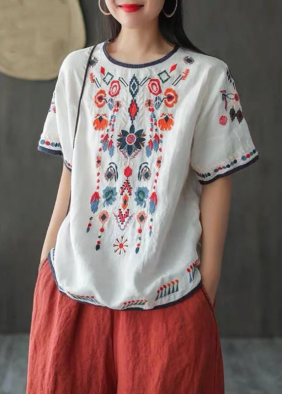 Silk ShirtsItalian White O Neck Embroideried Patchwork Linen T Shirts Summer