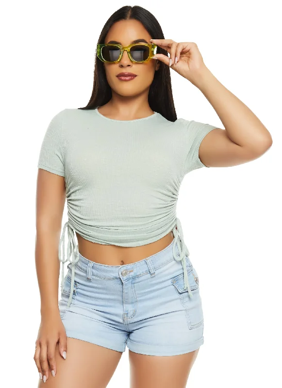 Relaxed Fit ShirtsRibbed Crew Neck Ruched Side T Shirt