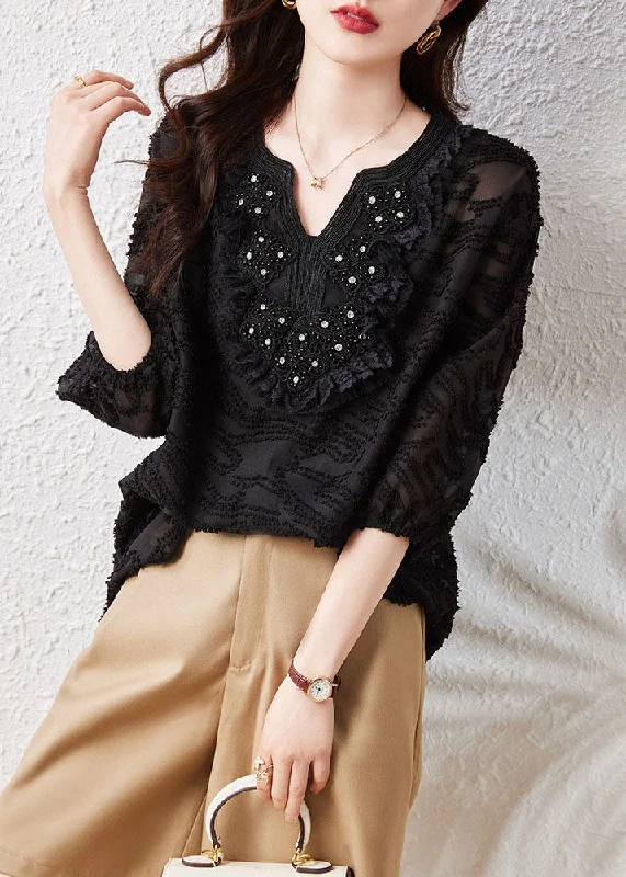 Denim ShirtsLoose Black Embroideried Nail Bead Patchwork Chiffon Shirt Tops Summer