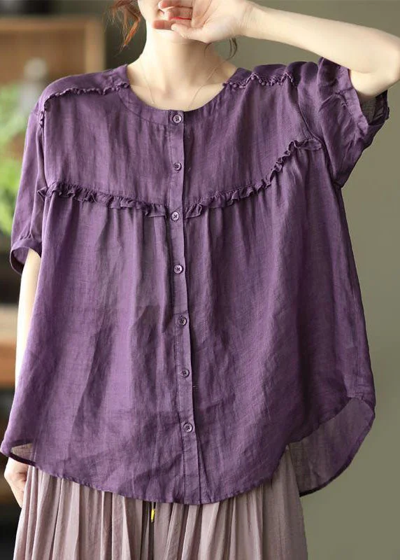 Fitted ShirtsLoose Purple Ruffled Button Patchwork Cotton Shirts Top Summer