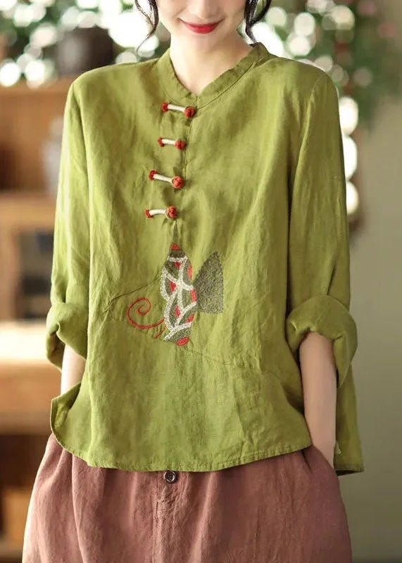 Cashmere ShirtsNatural Green Stand Collar Embroideried Patchwork Linen Shirt Long Sleeve