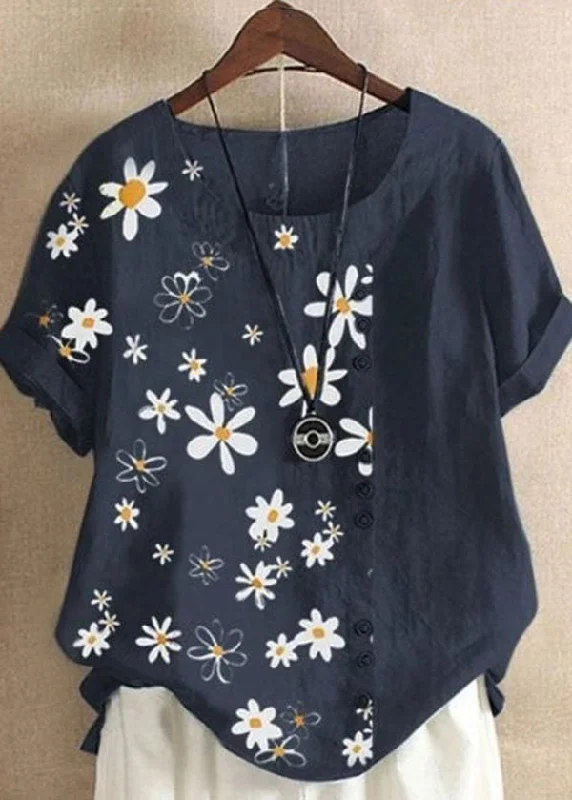 Performance ShirtsOrganic Navy Dotted Daisy Print Patchwork Cotton T Shirts Tops Summer