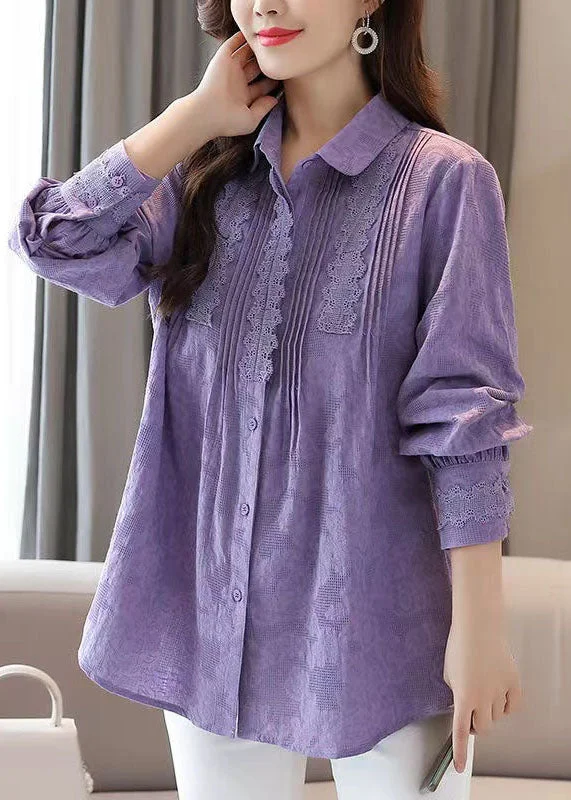 Lounge ShirtsOrganic Purple Embroideried Lace Patchwork Cotton Shirts Tops Spring