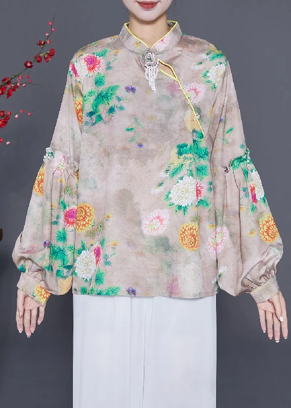 Wool ShirtsOriginal Design Mandarin Collar Print Tassel Silk Shirts Lantern Sleeve