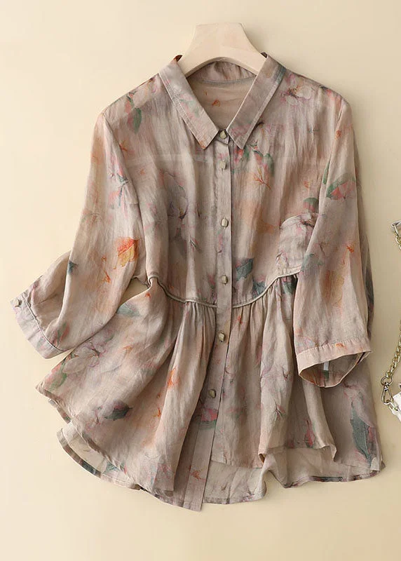 Fringed ShirtsPink Print Patchwork Cotton Shirts Button Wrinkled Bracelet Sleeve