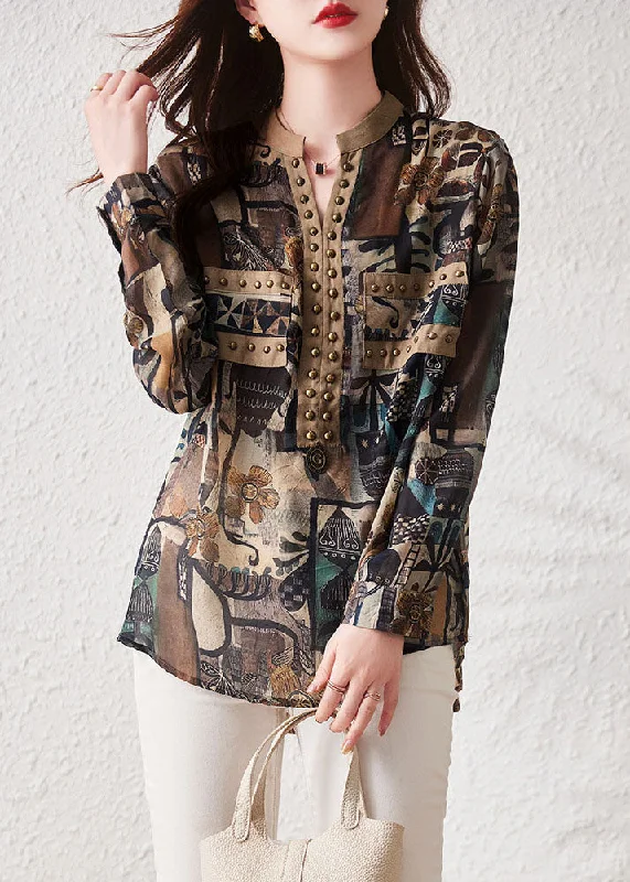 Metallic ShirtsRetro Coffee Print Rivet Patchwork Cotton Shirts Top Long Sleeve