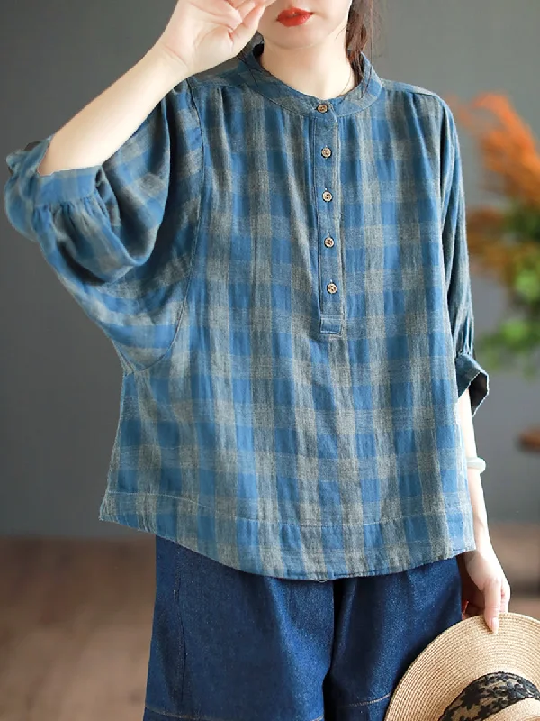 Studded ShirtsRetro Plaid Button Batwing Sleeve Cotton Shirt