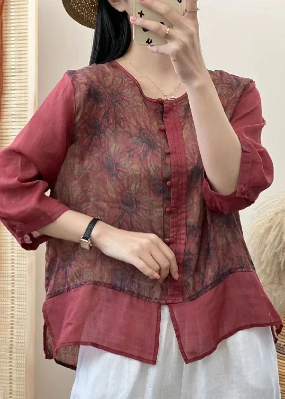 Lounge ShirtsRetro Red Chinese Button Print Patchwork Linen Shirt Tops Bracelet Sleeved