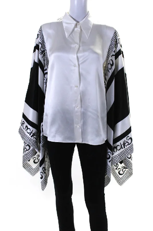 Mesh ShirtsRochas Womens Button Front Printed Sleeve Silk Draped Shirt White Black IT 44