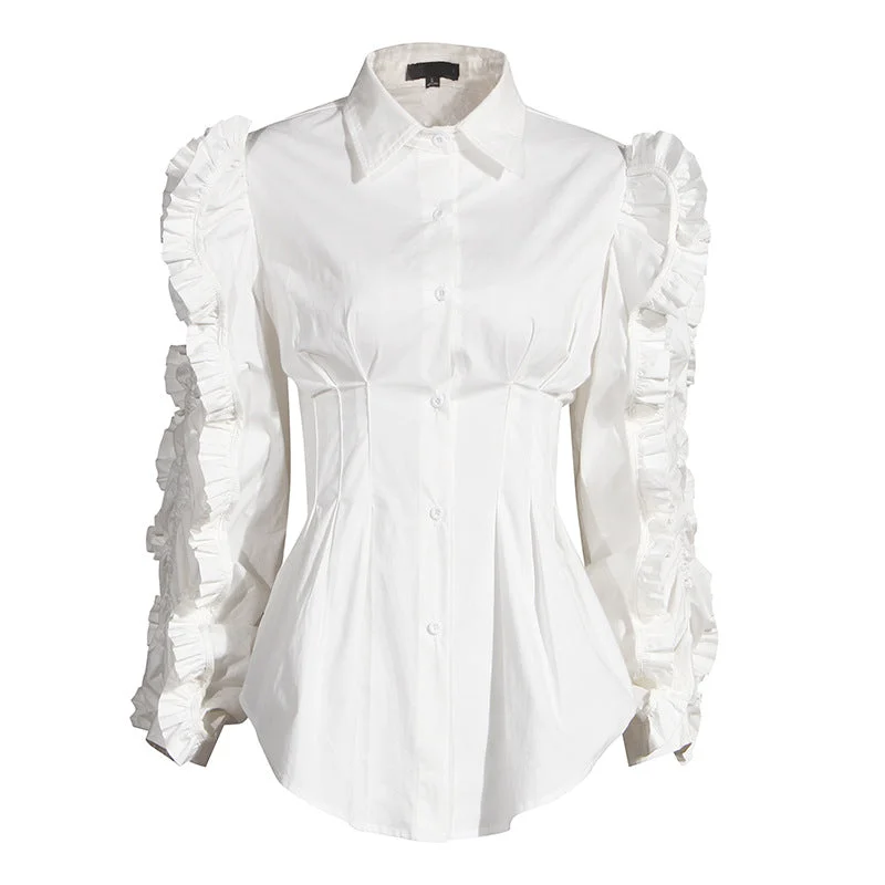 Striped ShirtsShirt Blouse  Loose Pleated Ruffled Lapel Waist Long Sleeve Elegant White Shirt Women