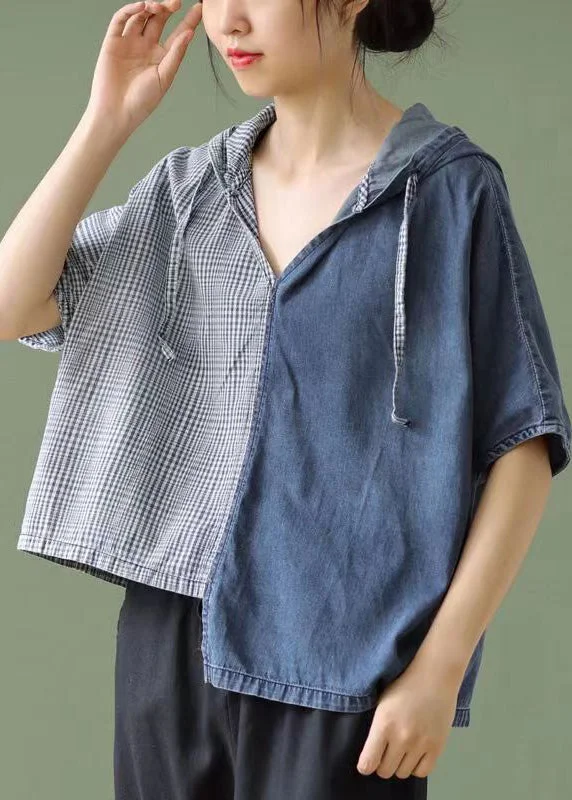 Asymmetrical ShirtsSimple Blue Hooded Asymmetrical Design Patchwork Denim T Shirt Top Summer