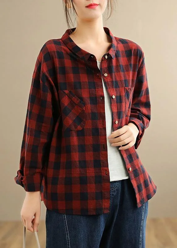 Cotton ShirtsPockets Spring Blouse Tops Red Plaid Shirts