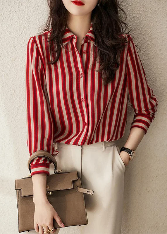 Recycled Fabric ShirtsSimple Red Peter Pan Collar Striped Patchwork Chiffon Shirt Long Sleeve