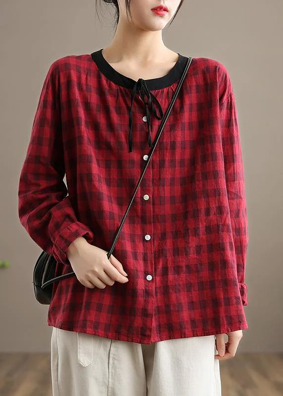 Button-Down ShirtsSpring Red Plaid Linen Shirt Blouse