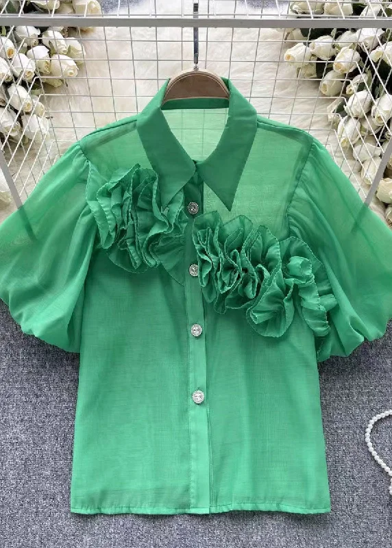 Cultural ShirtsStyle Green Peter Pan Collar Floral Patchwork Cotton Shirts Puff Sleeve