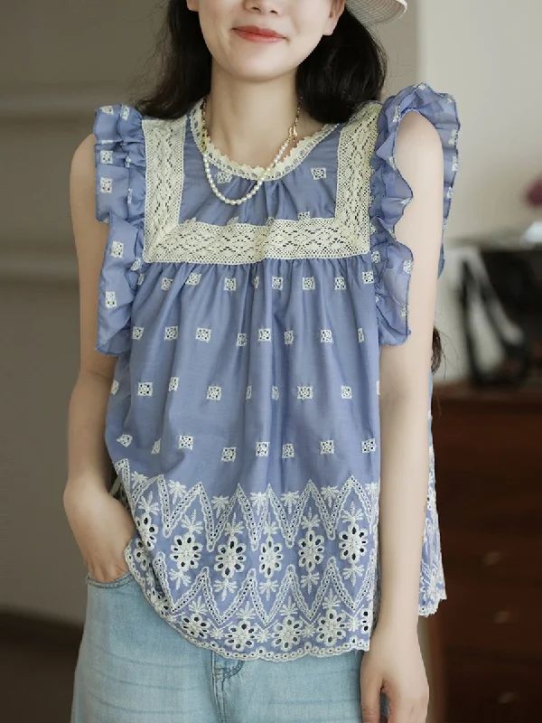 Limited Edition ShirtsSummer Artsy Embroidery Lace Ruffle Sleeve Shirt