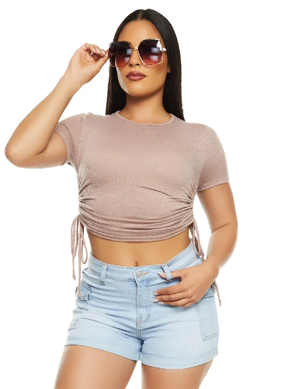 Tasseled ShirtsRibbed Crew Neck Ruched Side T Shirt