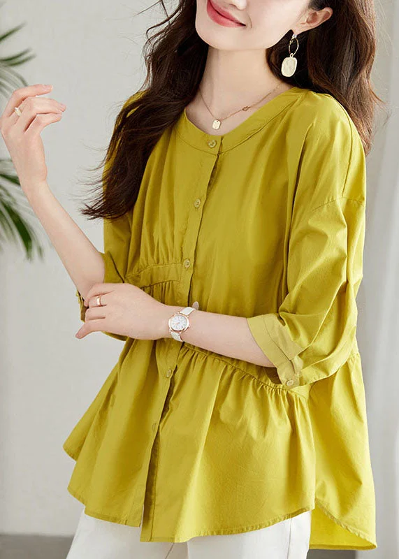 Satin ShirtsUnique Yellow Button Wrinkled Patchwork Cotton Shirts Summer