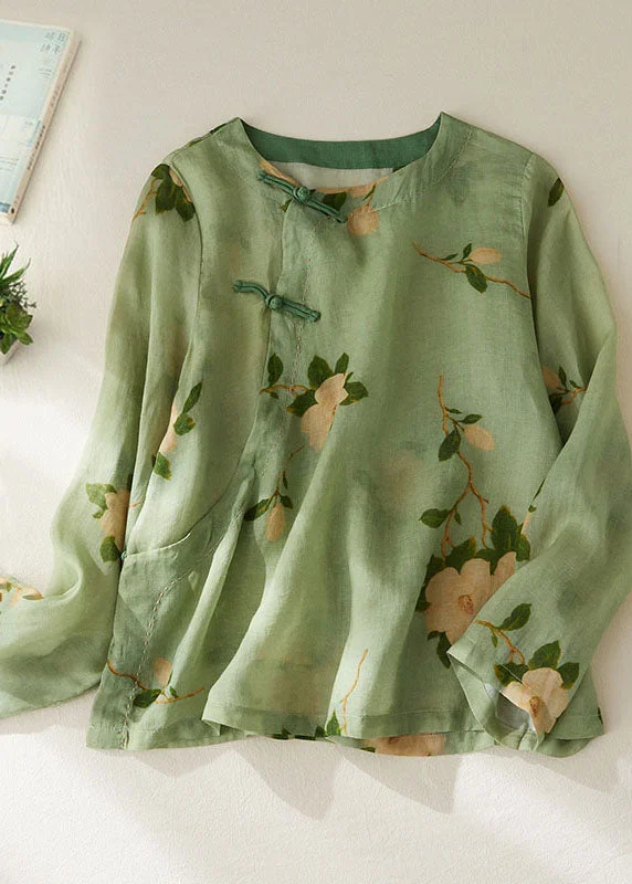 High-Fashion ShirtsVintage Green O Neck Print Patchwork Cotton Shirt Tops Long Sleeve