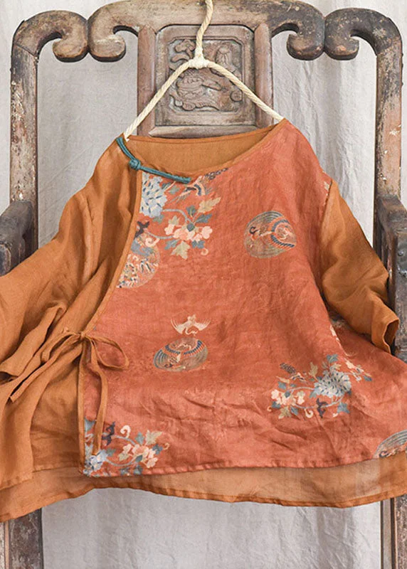 Plush ShirtsVintage Orange Print Chinese Button Lace Up Patchwork Linen Shirt Summer