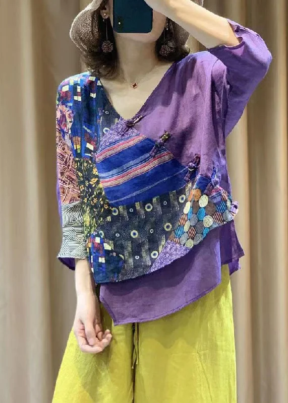 Tunic ShirtsVintage Purple Chinese Button Print Patchwork Cotton Shirt Tops Summer