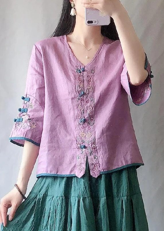 Denim ShirtsVintage Purple Embroideried Chinese Button Patchwork Linen Shirt Top Summer