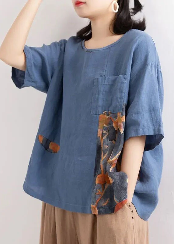 Painted ShirtsWomen Blue O Neck Print Pockets Patchwork Cotton T Shirts Summer