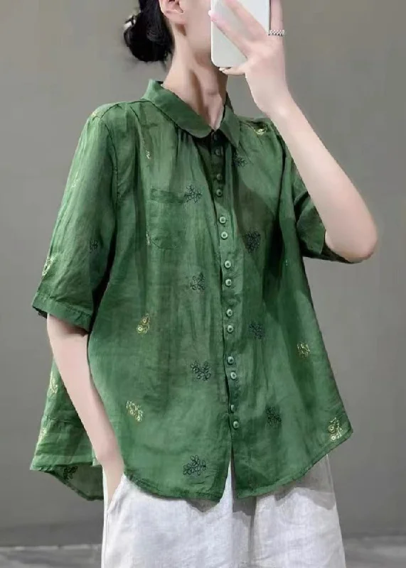 Floral ShirtsWomen Green Peter Pan Collar Embroideried Patchwork Cotton Shirts Top Summer