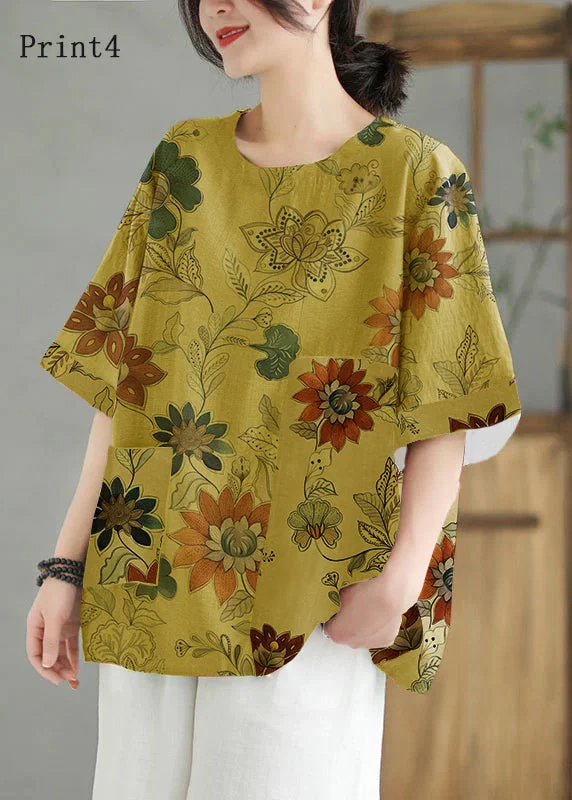 Oversized ShirtsWomen Print4  O Neck Print Patchwork Linen T Shirt Top Summer